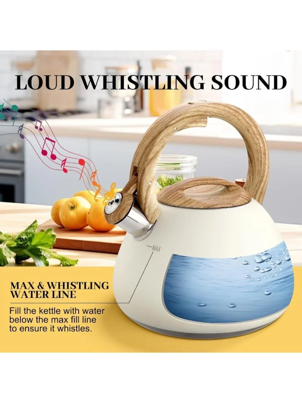 Cream White Stainless Steel Whistling Tea Kettles 2.6QT Stovetop Cookware Pot